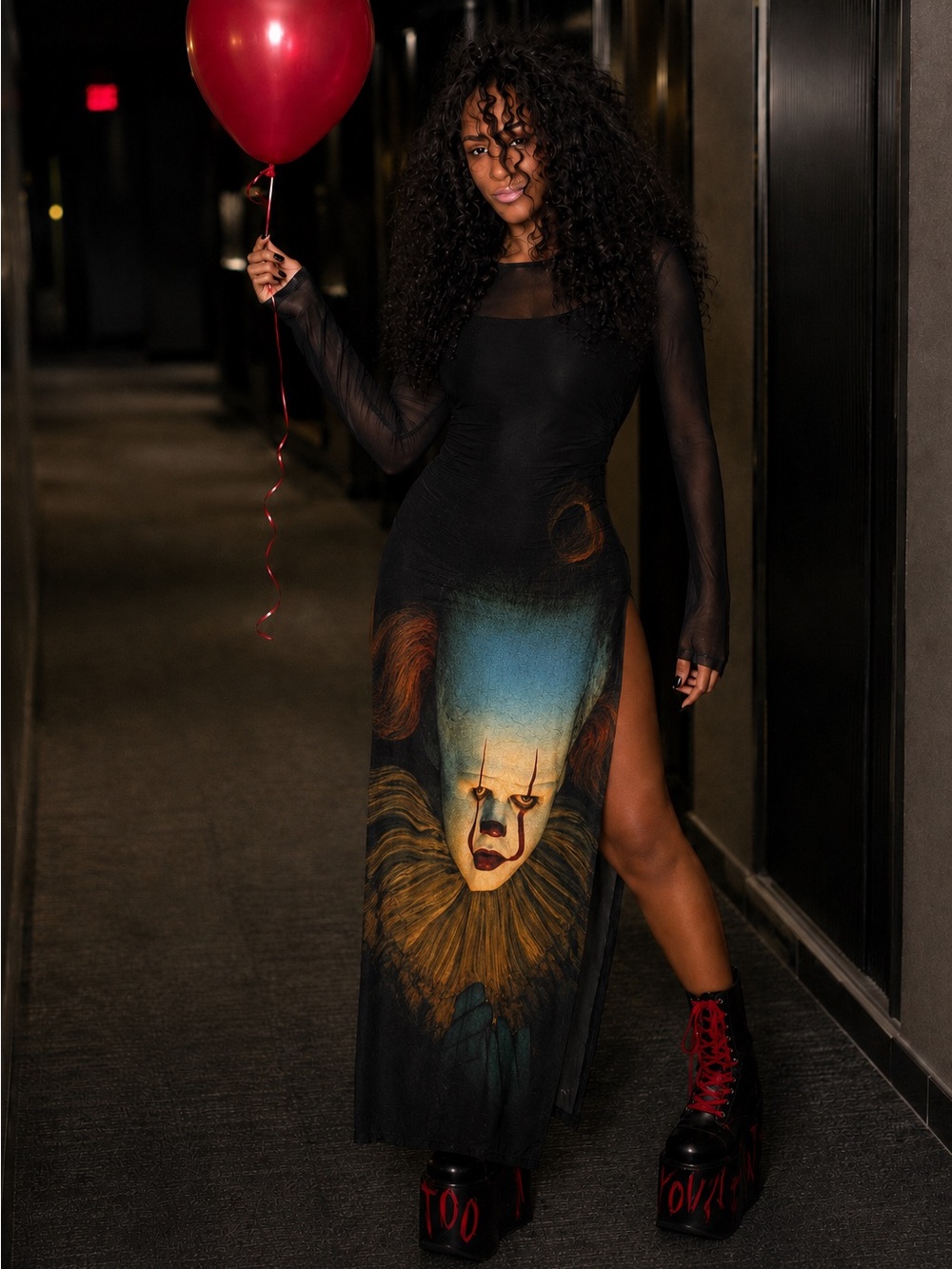 Dolls Kill Black Sheer Mesh Horror Clown Graphic Maxi Dress Size 1X